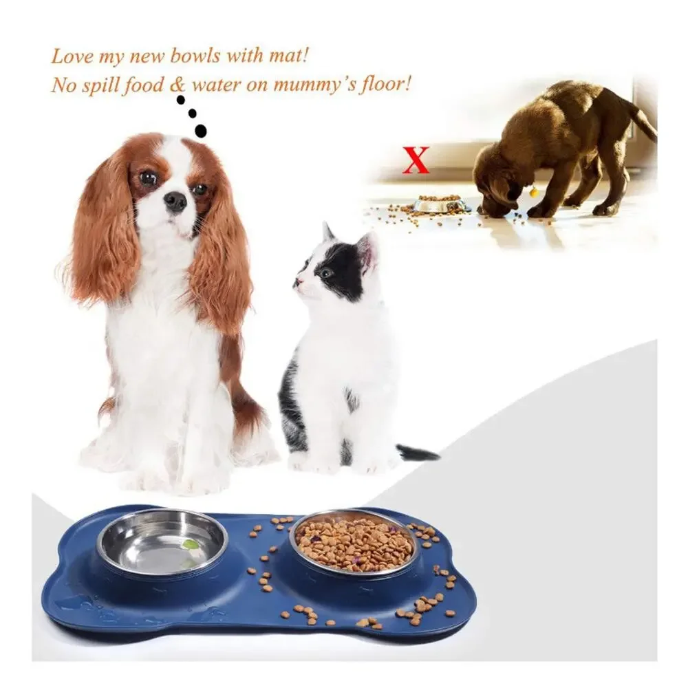 Vivaglory Dog Stainless Steel Water & Food Bowl Pet Cat Feeder With Silicone Mat